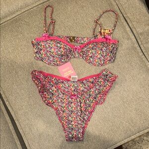 Floral Bikini Set with Pink Accents; Top- size M, bottoms- size S